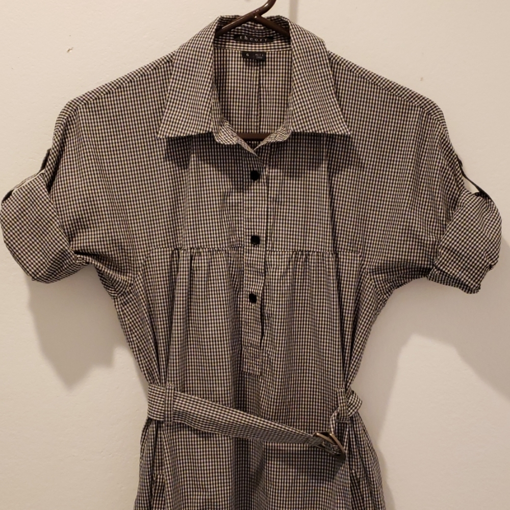 Theory Cinch Belted Gingham Shirt Dress w Pockets